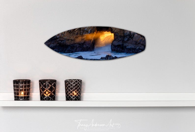 Keyhole Arch Sunset at Pfeiffer Beach Metal Surfboard Wall Art, Unique
