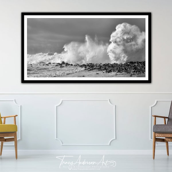 Panoramic Black and White Crashing Wave Photo, Morro Bay Photography, Surf Wall Art, Crashing Waves Wall Art, Large Waves Metal Print