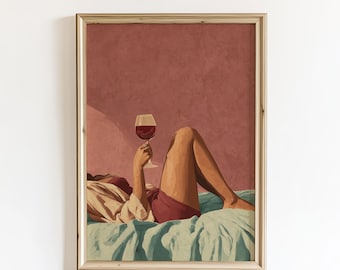 Feminine Wine Lifestyle Illustration Poster, Retro Woman Bedroom Wall Art (Digital Download)