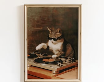 DJ Cat Wall Art | Funny Music Cat Print | Vinyl Record Decor (Digital Download)