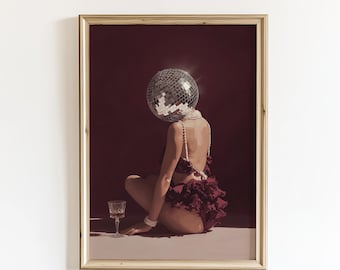 Disco Ball Head Woman Art Print, Burgundy Glam Poster, Surreal Retro Club Decor