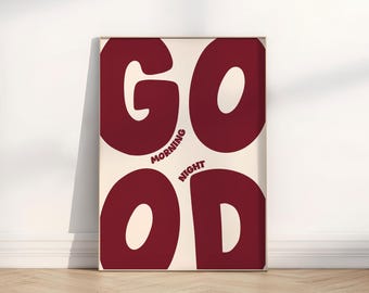 Good Morning/ Good Night Red Bold Print | Retro Bedroom Decor (Digital Download)