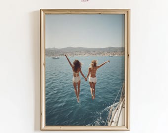 Boat Diving Print: Retro Riviera Coastal Art (Digital Download)