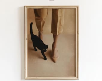Black Cat Fashion Photography Print, Minimalist Neutral Wall Art