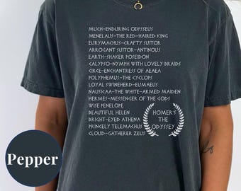 Homer's The Odyssey Shirt | Greek Mythology Gift | Epithets for Odysseus, Zeus, Telemachus, Hermes, Menelaus and more Greek Gods