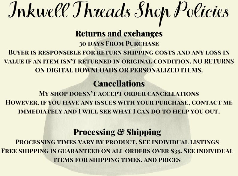 Shop Policies: 30 day returns & exchanges. Buyer responsible for return shipping costs/loss in value if item not returned in original condition. No returns on digital downloads or personalized items. No cancellations accepted. Processing times vary.