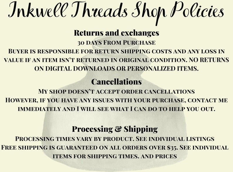 Shop Policies: 30 day returns & exchanges. Buyer responsible for return shipping costs/loss in value if item not returned in original condition. No returns on digital downloads or personalized items. No cancellations accepted. Processing times vary.