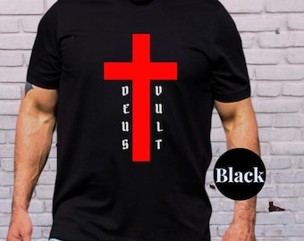 Medieval Knights Templar Cross Shirt | Medieval Inspired Clothes for Men | Renaissance Fair Boyfriend Gift | Deus Vult tshirt for LARP lover