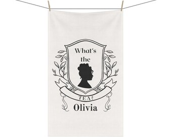 Personalized What's the Tea Cotton Twill Tea Towel | Regency Era Kitchen Decor | Jane Austen Silhouette