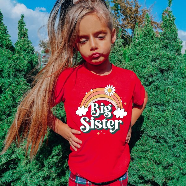 Retro Kindershirt Grosse Schwester, Regenbogen Kindershirt, Schwangerschaftansage, Babyankündigung, Schwangerschaft enthüllen Shirt