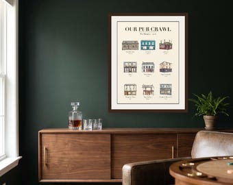 Personalisiertes irisches Pub-Poster | Individueller Druck für Kneipentouren, 9 Lieblingspubs gezeichnet, Irische Pub-Deko, irisch-amerikanisches Geschenk für die Hausbar