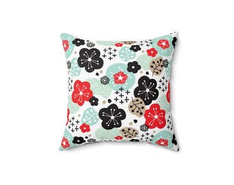 Floral Square Throw Pillow: Modern Red, Blue & Black Accent