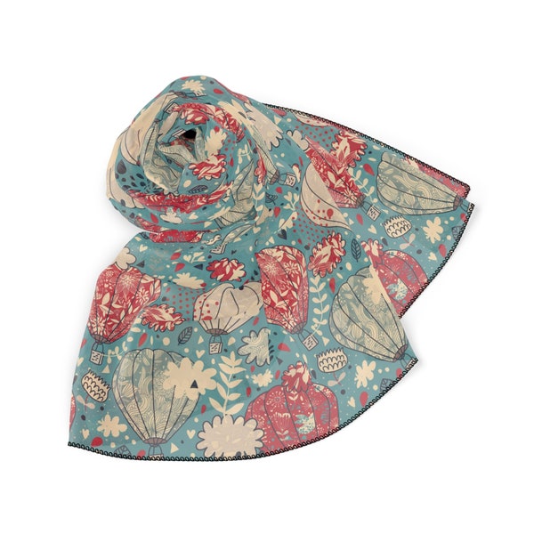 Unique Hot Air Balloon Pattern Light Scarf, Modern Blue and Red Fashion Accessories, Stylish Living, Trendy Hygge Essentials