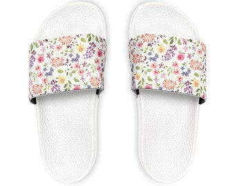 Stylish Flower Pattern Youth Slide Sandals, Modern Kids Swim Slides, Creative Children's White Summer Shoes