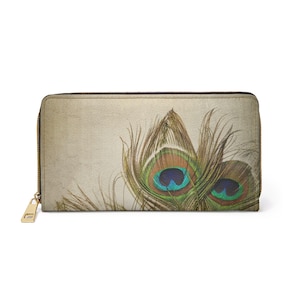 Cartera con estampado de plumas de pavo real: billetera de piel sintética con cremallera