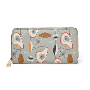Cartera gris con patrón retro, billetera con cremallera vintage, accesorios únicos para mujer, elementos esenciales de moda con estilo