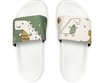 Unique Dinosaur Pattern Youth Slide Sandals Kids' Modern Summer Thongs, Creative Children's Footwear, Swim or Beach Essentials