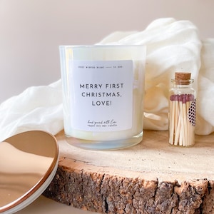 Merry First Christmas love scented candle Lid and matches include Luxurious 1st Xmas Gift for wife girlfriend fiancé newlywed wifey together