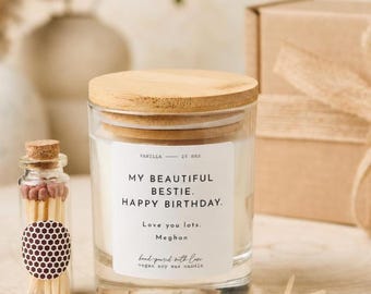 My Bestie Happy Birthday Scented Candle with Matches Jar, Vegan Soy Wax, Bamboo Lid