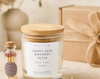 Personalised Birthday Candle: Vanilla Scent, Vegan Soy Wax, Metal Lid