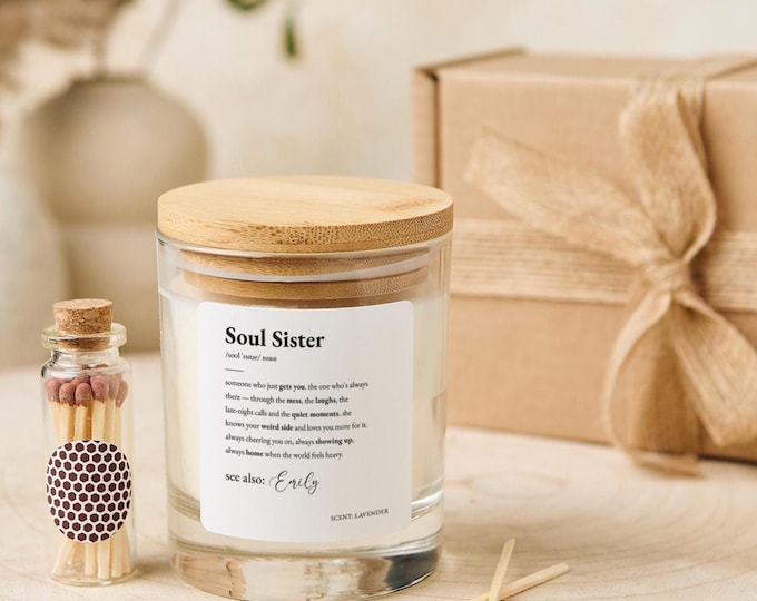 Personalised Soul Sister Candle Gift with Name Definition Unique Christmas Birthday Gift for Friendship Best Friend Chosen Family Bestie