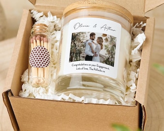 Personalised Engagement Candle Gift with Photo Couple Names and Your Text Free Gift Package and Mini Matches Jar