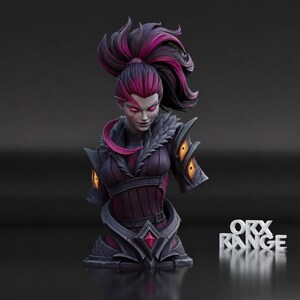 May include: A detailed bust figurine of a character with dark hair featuring vibrant magenta highlights, styled in a high ponytail. The figure wears dark armor with magenta accents, glowing orange eye-like motifs on the shoulders, and the text ORX RANGE.
