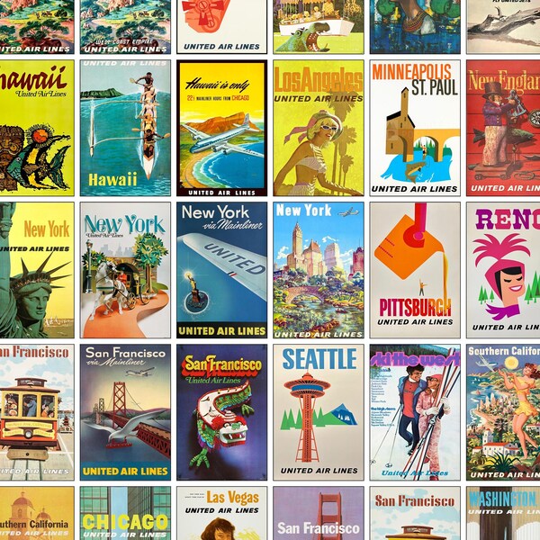 Set of 56 United Airlines Travel Posters (1950-1970) | Vintage Advertising