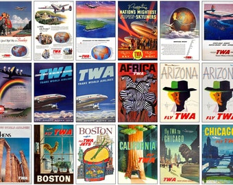 Set von 143 TWA Trans World Fluglinien Reiseplakaten (1950-1970) | Vintage Werbung der Fluggesellschaften