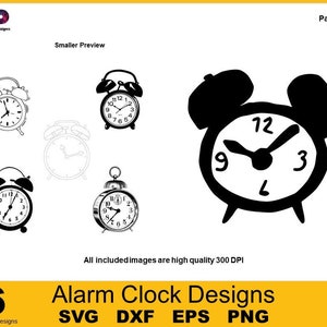Pode incluir: Seis designs diferentes de despertadores em preto e branco. Os designs incluem um despertador clássico, um despertador simples e um despertador de desenho animado. Os designs estão disponíveis nos formatos SVG, DXF, EPS e PNG.