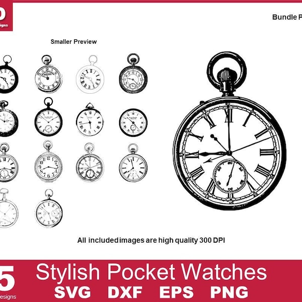 15 Original Pocket Watch designs SVG, DXF, PNG, Cut File for Cricut, Pocket Watch Clip-art Images for TShirt Stencil Printing & Art Projects