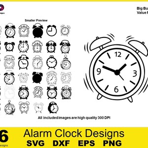 Alarm Clock Designs: 36 SVG DXF PNG Cut Files, Cricut Clipart, Clock Face TShirt Stencil Art