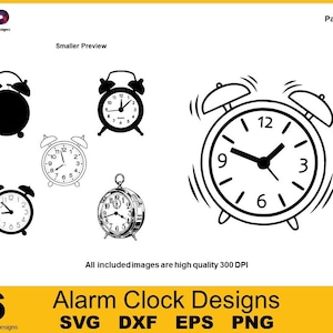 Pode incluir: Seis designs diferentes de despertadores em preto e branco. Os designs incluem uma silhueta de um despertador, um despertador simples com números e um despertador com um sino a tocar.