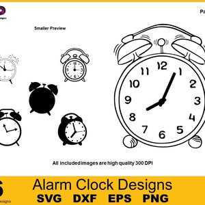 Alarm Clock Designs: 6 SVG DXF PNG Cut Files, Cricut Clipart, Clock Face TShirt Stencil Art