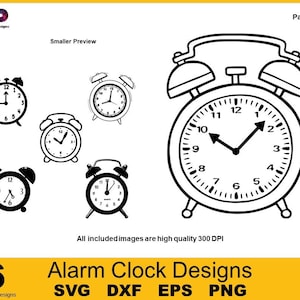 Alarm Clock Designs: 6 SVG DXF PNG Cut File Bundle, Cricut Clipart, TShirt Stencil Printing