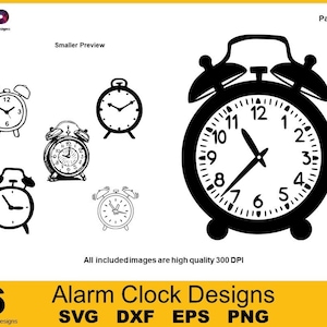 Pode incluir: Seis desenhos de despertadores em preto e branco. Os desenhos são de vários estilos, incluindo um despertador clássico com sino, um despertador digital e um despertador vintage. Os desenhos são perfeitos para usar em artesanato, scrapbooking ou outros projetos criativos.