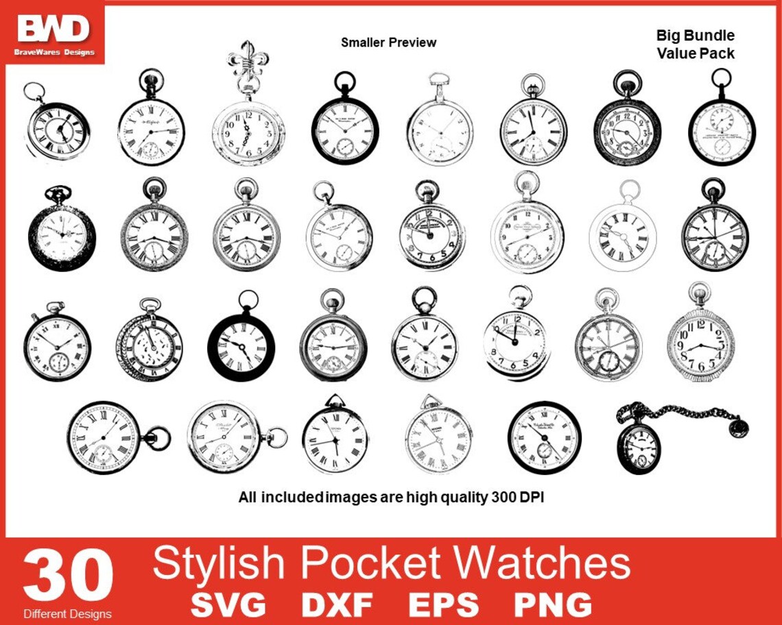 First Watch Svg 30 Original Pocket Watch Designs SVG, DXF, PNG, Cut File for Cricut ...