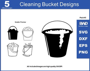 5 Original Cleaning Bucket & Soapy Water Bubbles Clip-art SVG, DXF, PNG, Cut File for Cricut, Sponge Image for TShirt Printing Art Projects