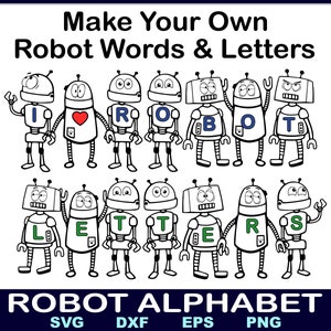 Könnte beinhalten: Schwarzweiß-Illustration von Roboterfiguren, die die Wörter "ROBOT" und "LETTERS" bilden. Die Roboter sind cartoonartig und haben unterschiedliche Gesichtsausdrücke. Das Bild enthält den Text "Make Your Own Robot Words & Letters" und "ROBOT ALPHABET".