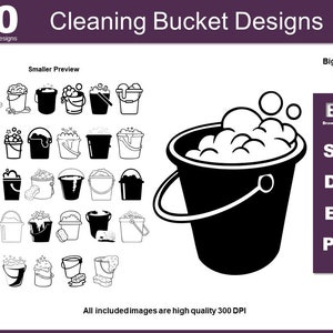 May include: A set of 30 cleaning bucket designs in black and white. The designs are in a variety of styles, including buckets with and without handles, buckets with and without lids, and buckets with and without soap suds. The designs are all high quality and 300 DPI.