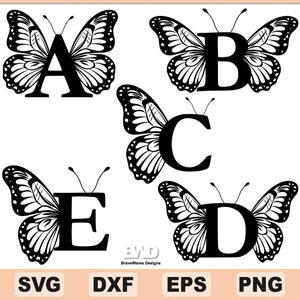 Alfabeto de monograma de borboleta SVG, PNG, letras de borboleta, alfabeto de moldura de monograma, arquivo de corte DXF para Cricut, silhueta, arquivos de corte individuais