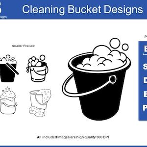 5 Original Cleaning Bucket & Soapy Water Bubbles Clip-art SVG, DXF, PNG, Cut File for Cricut, Sponge Image for TShirt Printing Art Projects