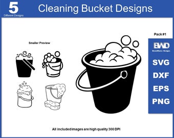 5 Original Cleaning Bucket & Soapy Water Bubbles Clip-art SVG, DXF, PNG, Cut File for Cricut, Sponge Image for TShirt Printing Art Projects