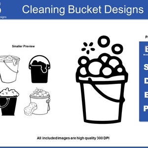 Op de afbeelding: Vijf verschillende ontwerpen voor een schoonmaakemmer met zeepbellen. De ontwerpen zijn in zwart-wit en bevatten een spons. De tekst "Cleaning Bucket Designs" staat bovenaan de afbeelding. De tekst "Pack #2" staat in de rechterbovenhoek van de afbeelding. De tekst "BWD BravelWares Designs" staat onder de tekst "Pack #2". De tekst "SVG DXF EPS PNG" staat onder de tekst "BWD BravelWares Designs". De tekst "All includedimages are high quality 300 DPI" staat onderaan de afbeelding.