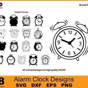 Pode incluir: Uma coleção de 18 designs de despertadores em preto e branco. Os designs incluem vários estilos de despertadores clássicos, com detalhes como sinos, ponteiros e mostradores. O texto na parte inferior diz "Alarm Clock Designs" e tipos de arquivo.
