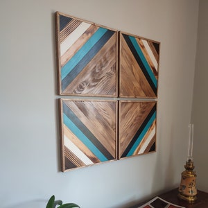 Blue Quadri Painting - Wood Art - Wooden Wall Art - Wall Decoration - Handmade - Made In France - BohoWoodArt