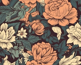 Vintage Florales nahtloses Muster - Grün, Warm & Orange - Digitaler Download