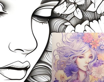 20 coloring pages, Therapeutic, Feminine, Empowerment, Beauty, Grace, Elegance, Creative expression, Meditative, Art therapy, designs