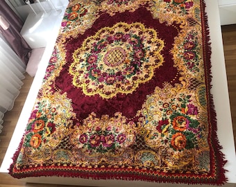 Vintage 1970s Italian Floral Velvet Bedspread, Bohemian Table Decor, Large Tablecloth Rectangle, floral Plush Carpet Rug, Sofa Cover Tapestr