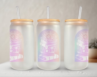 Iridescent Book Stack 16oz Frosted Glass Libby Cup Tumbler for Book Lovers | Bookish Gifts | Coffee Cup
